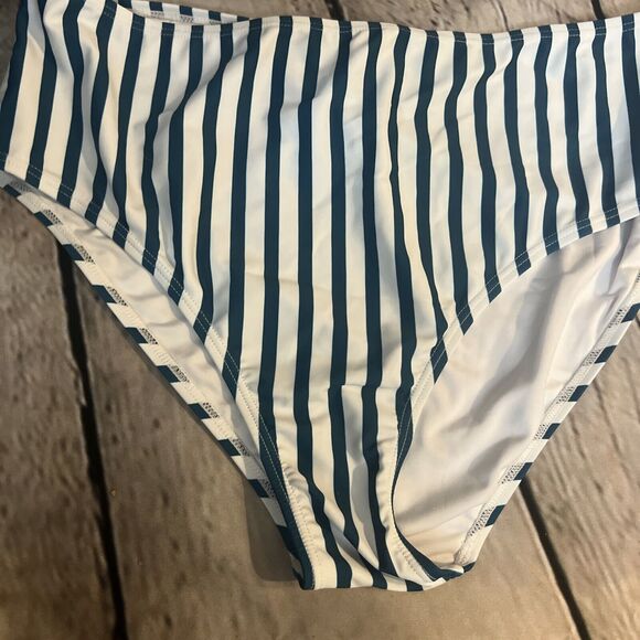 Women's Teal White Striped Bikini Swim Bottom High Waist Med Coverage XL New - Picture 2 of 5